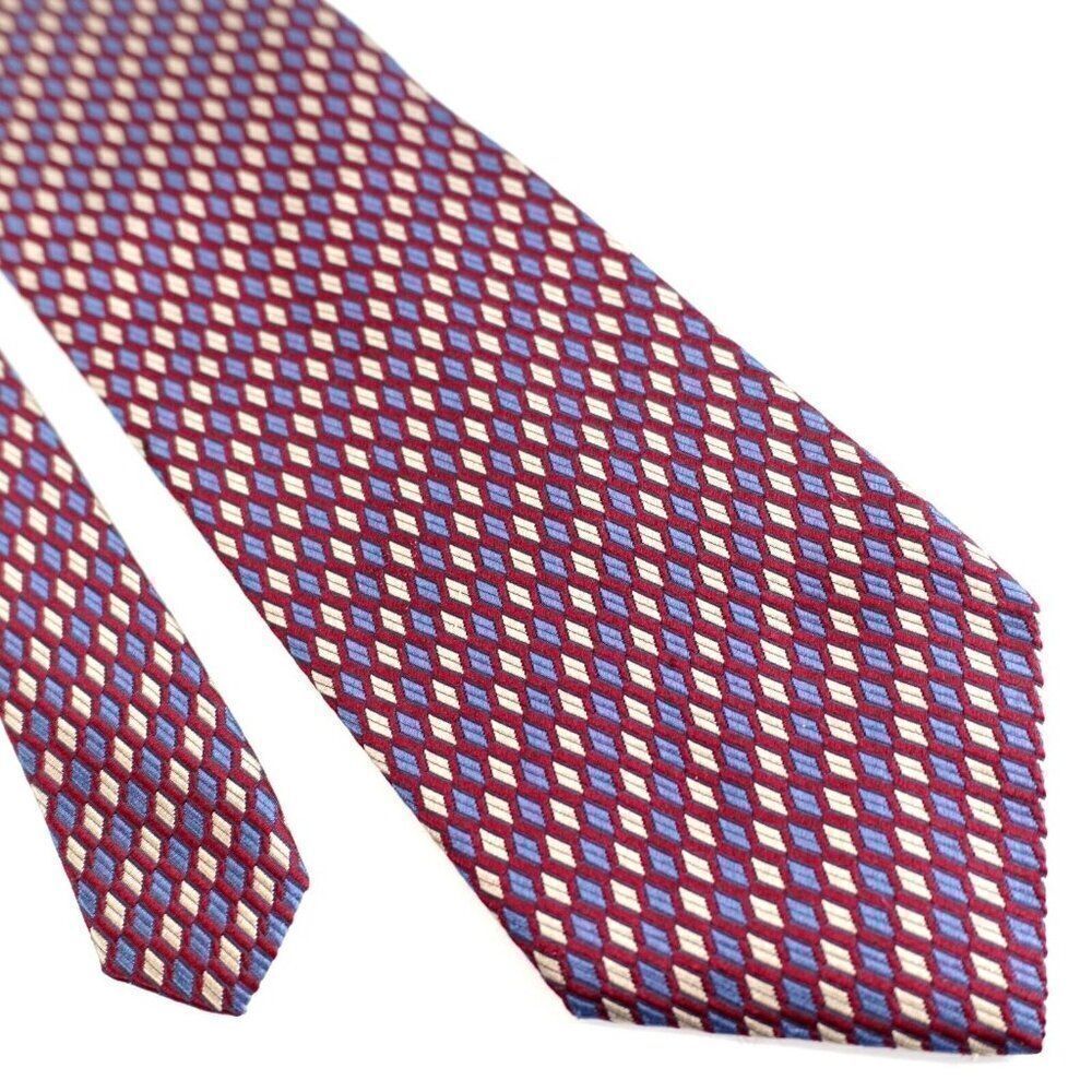 Jos A Bank Corporate Collection Burgundy Red Geometric Check Woven‎ Silk Tie